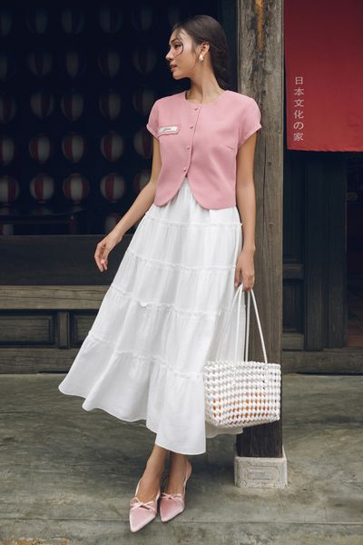 Chân váy maxi trắng nối tầng