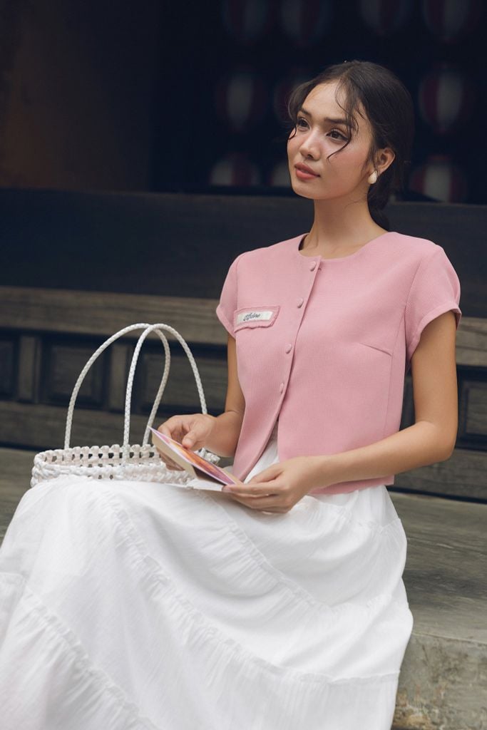 Áo poly xốp hồng túi cơi đáp thêu