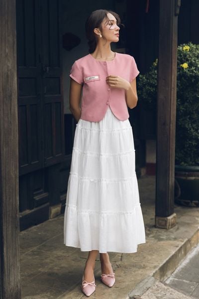 Chân váy maxi trắng nối tầng