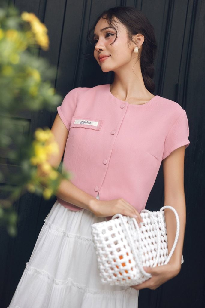 Áo poly xốp hồng túi cơi đáp thêu