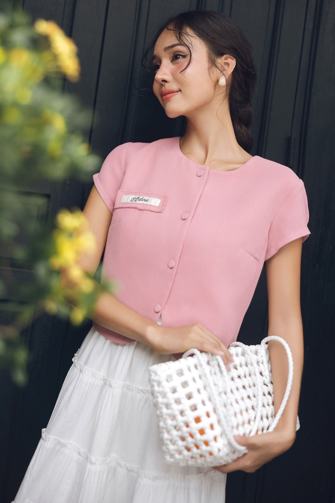 Áo poly xốp hồng túi cơi đáp thêu