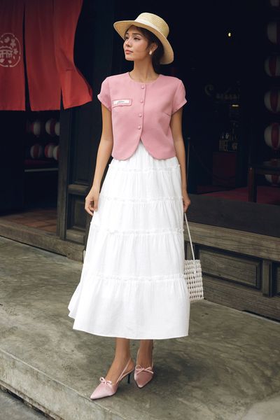 Chân váy maxi trắng nối tầng