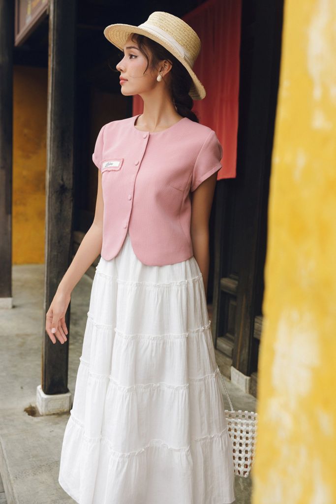 Áo poly xốp hồng túi cơi đáp thêu