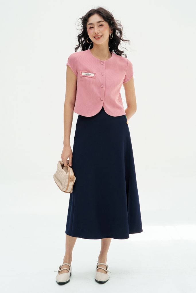 Áo poly xốp hồng túi cơi đáp thêu