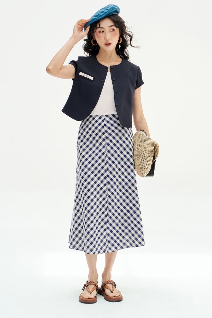 Chân váy midi gingham navi