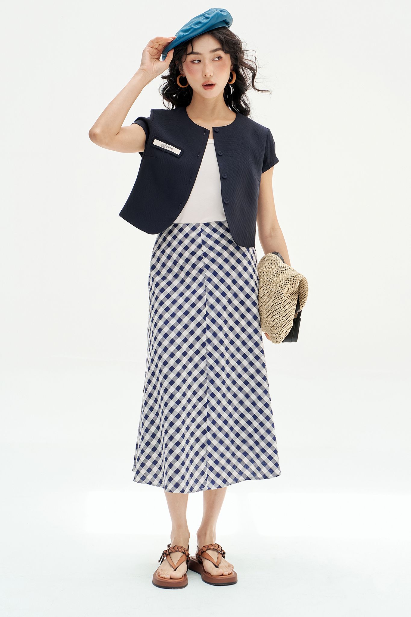 Chân váy midi gingham navi