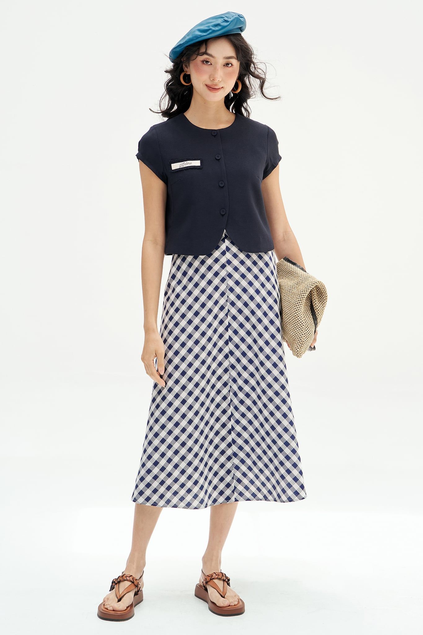 Chân váy midi gingham navi
