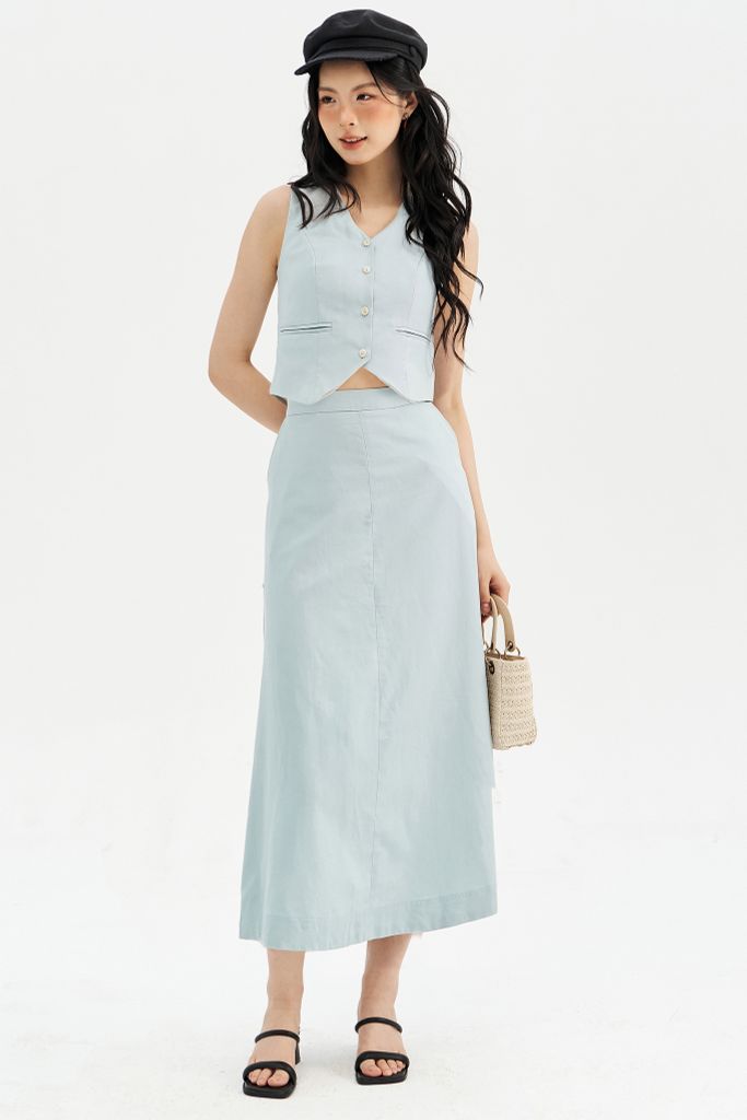 Chân váy midi xanh thiên thanh hàng khuy sườn