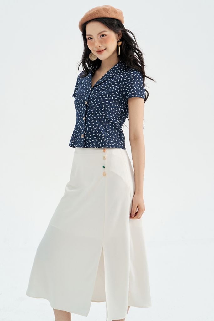 Chân váy midi lụa trắng kem đính đá random