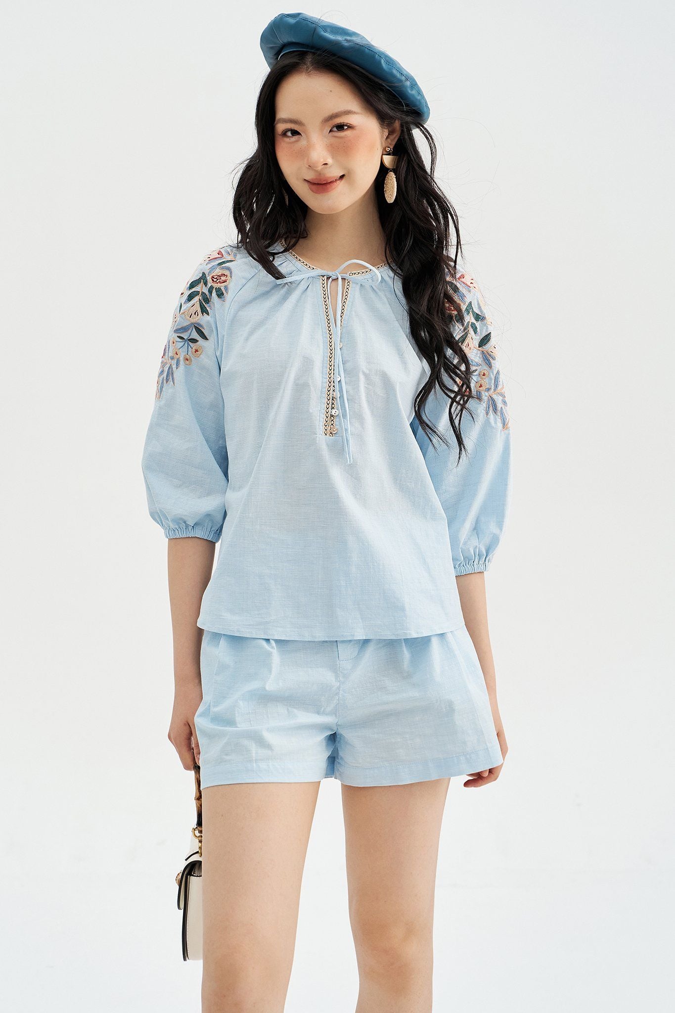 Top thô bamboo xanh thêu tay