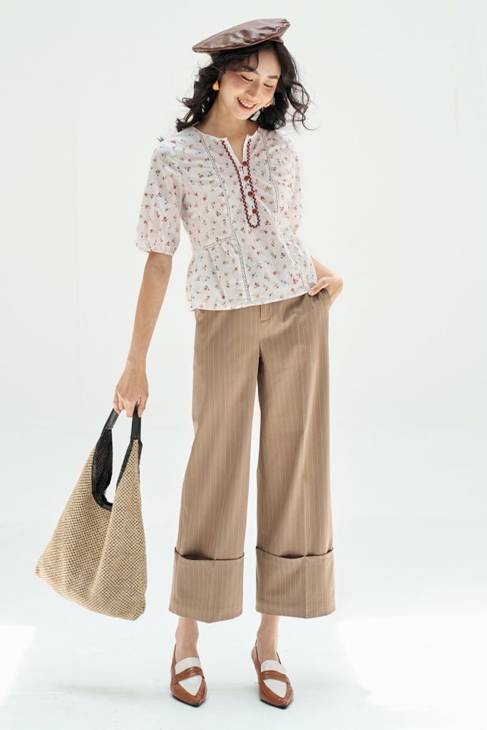 Quần suông lửng sọc cafe gấu lơ vê to