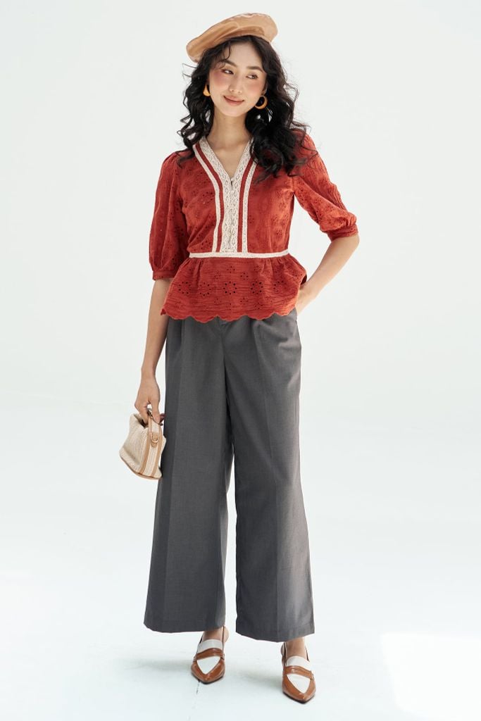 Top peplum thô thêu cam phối ren