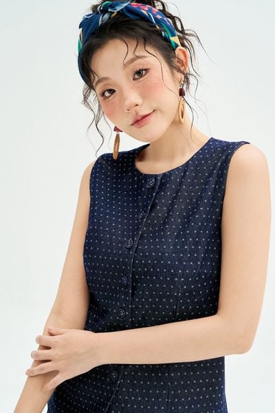Top denim chấm bi