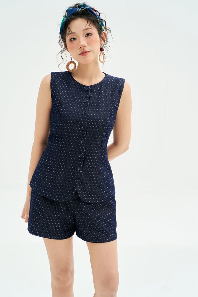 Top denim chấm bi
