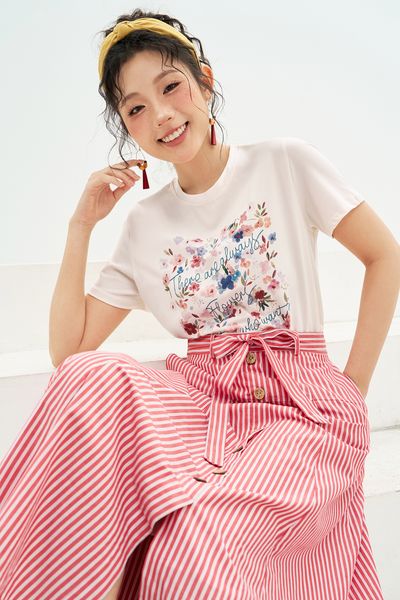 Chân váy midi sọc đỏ buộc dây eo