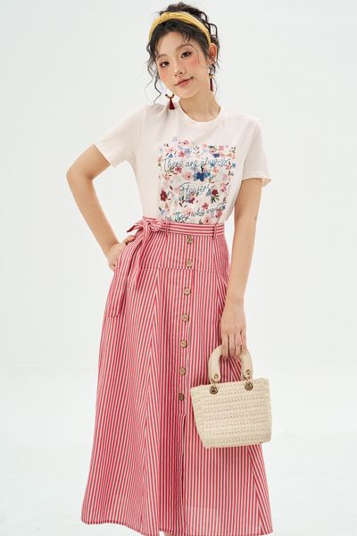 Chân váy midi sọc đỏ buộc dây eo