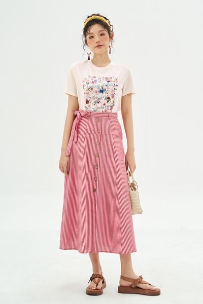 Chân váy midi sọc đỏ buộc dây eo