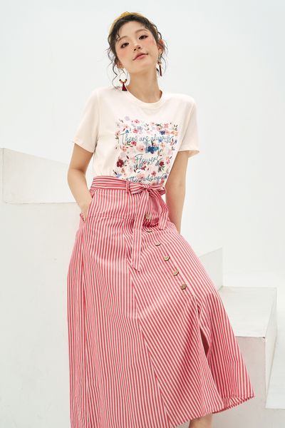 Chân váy midi sọc đỏ buộc dây eo