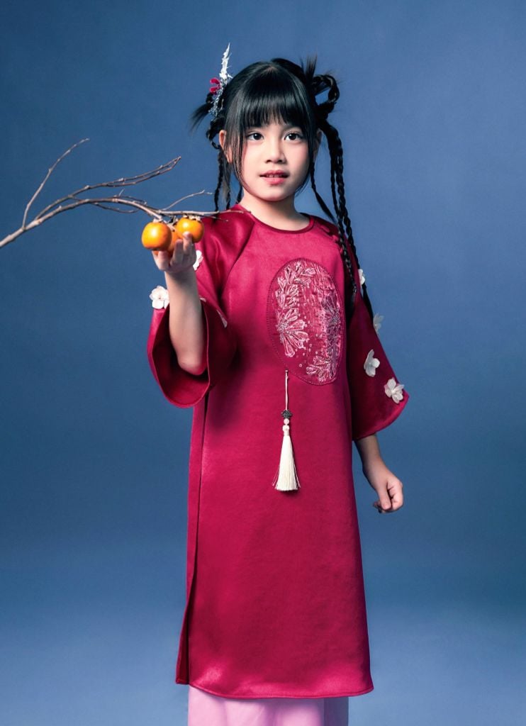 Cẩm Dung - Set áo dài bé gái thêu triện hồng cẩm