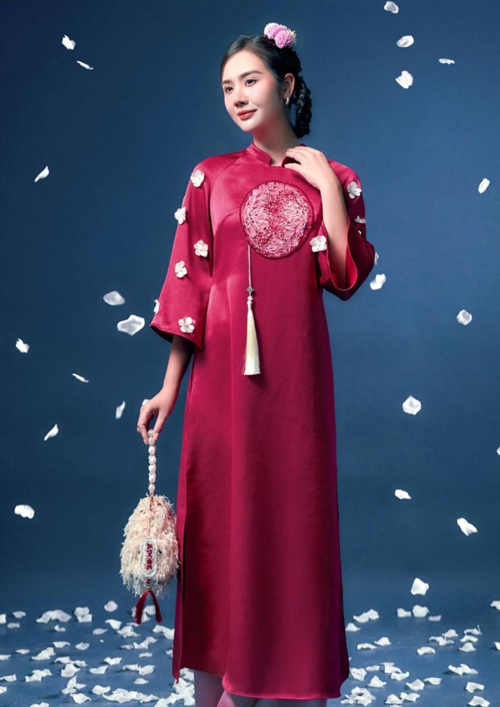 Cẩm Dung - Set áo dài lụa thêu triện pha lê hồng cẩm