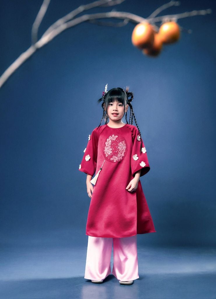 Cẩm Dung - Set áo dài bé gái thêu triện hồng cẩm