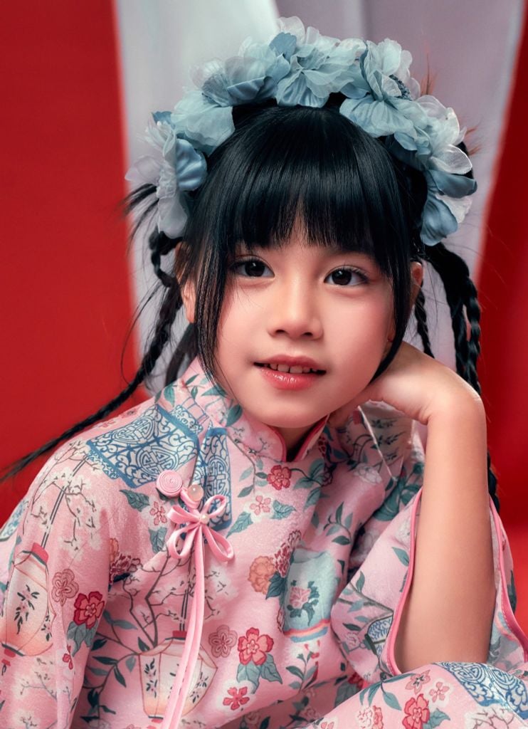 Diễm Tường - Set áo dài bé gái tơ đèn lồng hồng mơ phai