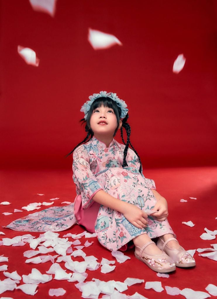 Diễm Tường - Set áo dài bé gái tơ đèn lồng hồng mơ phai