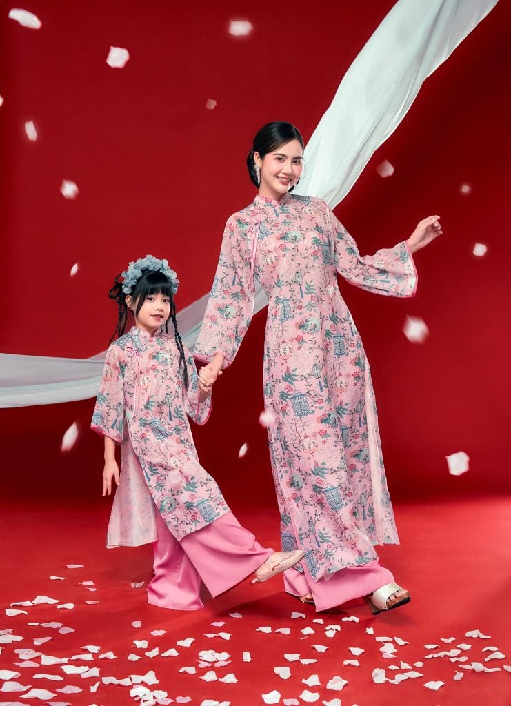 Diễm Tường - Set áo dài bé gái tơ đèn lồng hồng mơ phai