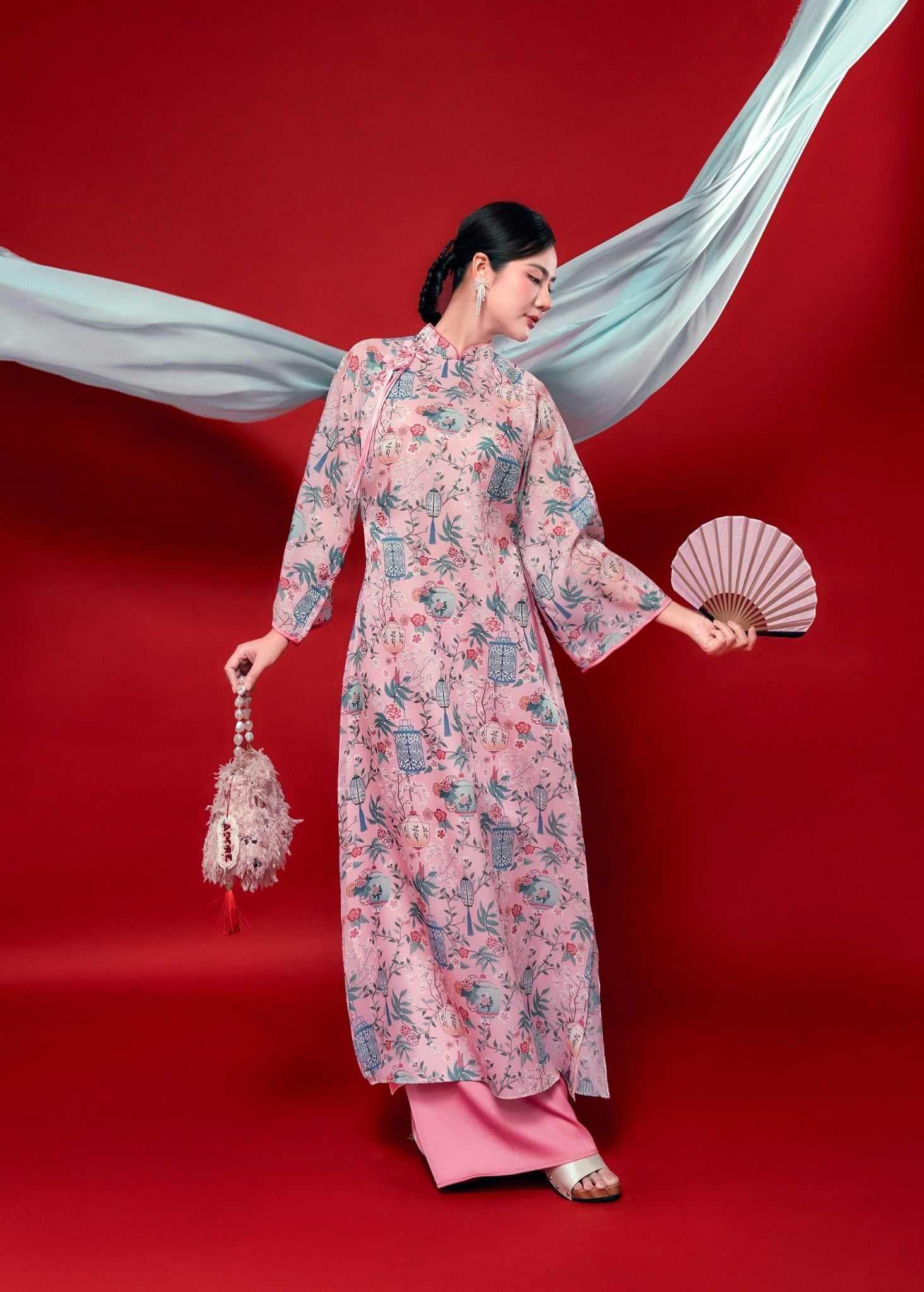 Diễm Tường - Set áo dài tơ đèn lồng hồng mơ phai