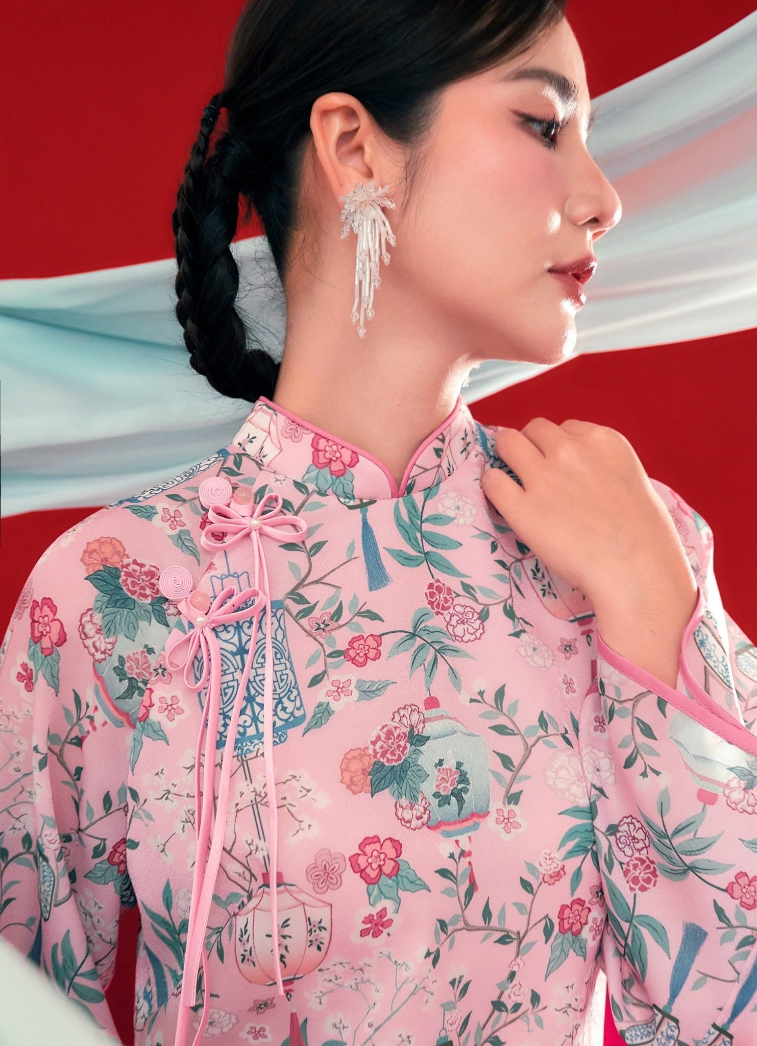 Diễm Tường - Set áo dài tơ đèn lồng hồng mơ phai