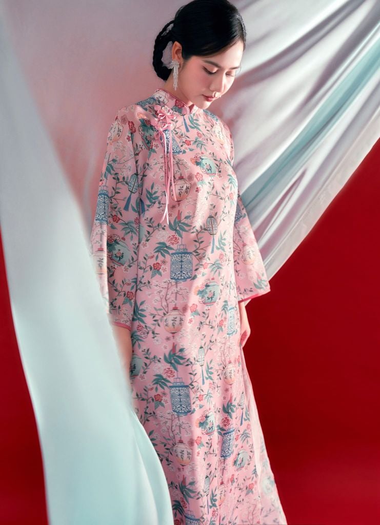 Diễm Tường - Set áo dài tơ đèn lồng hồng mơ phai