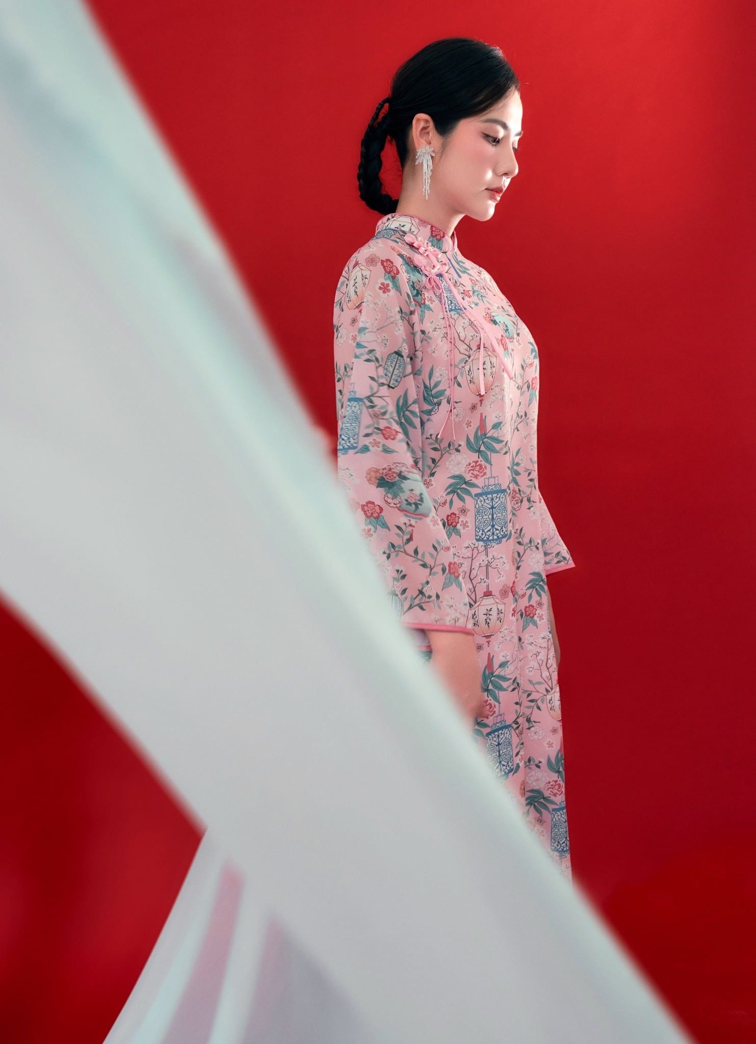 Diễm Tường - Set áo dài tơ đèn lồng hồng mơ phai