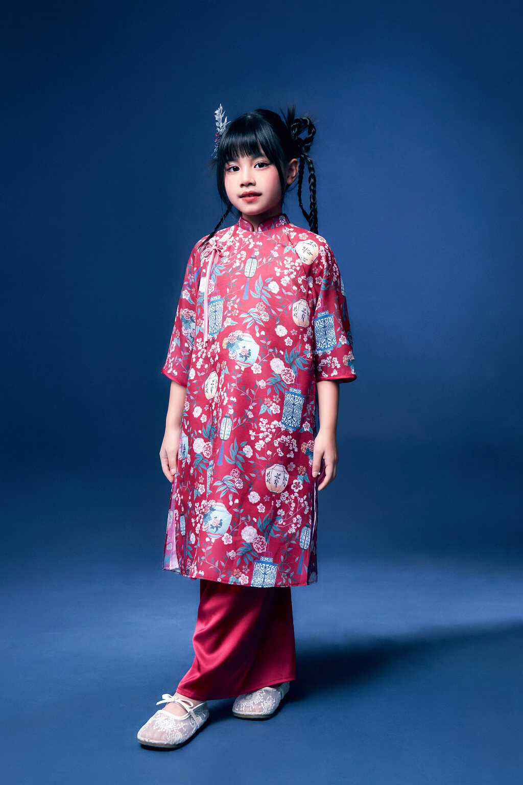 Cát Tường - Set áo dài bé gái tơ đèn lồng đỏ may mắn