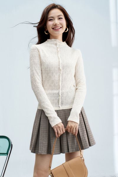 Top dài tay thun lưới kem cổ leo