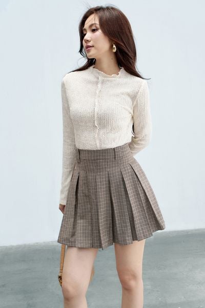 Chân váy mini xếp ly houndstooth nâu