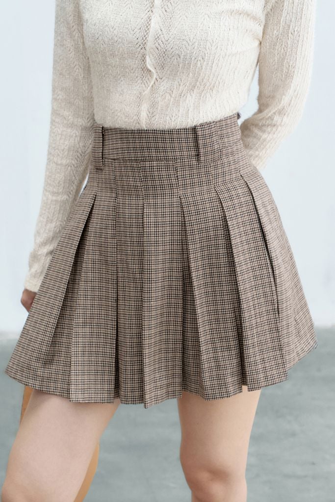 Chân váy mini xếp ly houndstooth nâu