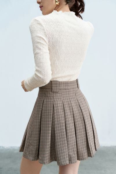 Chân váy mini xếp ly houndstooth nâu