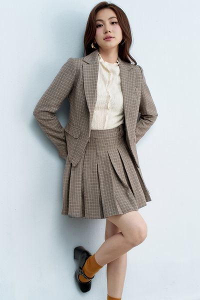 Blazer houndstooth nâu dáng ôm 1 hàng khuy royal
