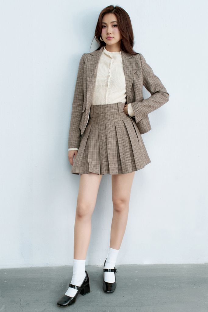 Blazer houndstooth nâu dáng ôm 1 hàng khuy royal