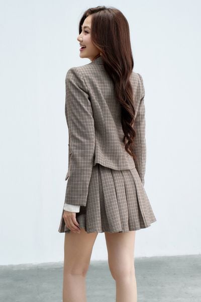Blazer houndstooth nâu dáng ôm 1 hàng khuy royal