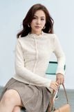 Top dài tay len ren gân nổi trắng kem cổ leo ( Form nhỏ - chọn tăng 1 size) 