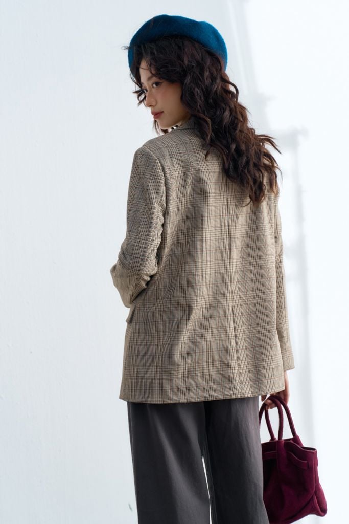 Blazer basic kẻ ziczac nâu