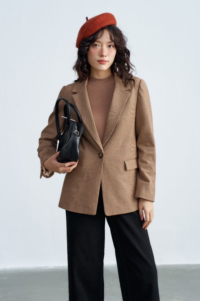 Blazer basic ziczac nhí cam nâu vá tay