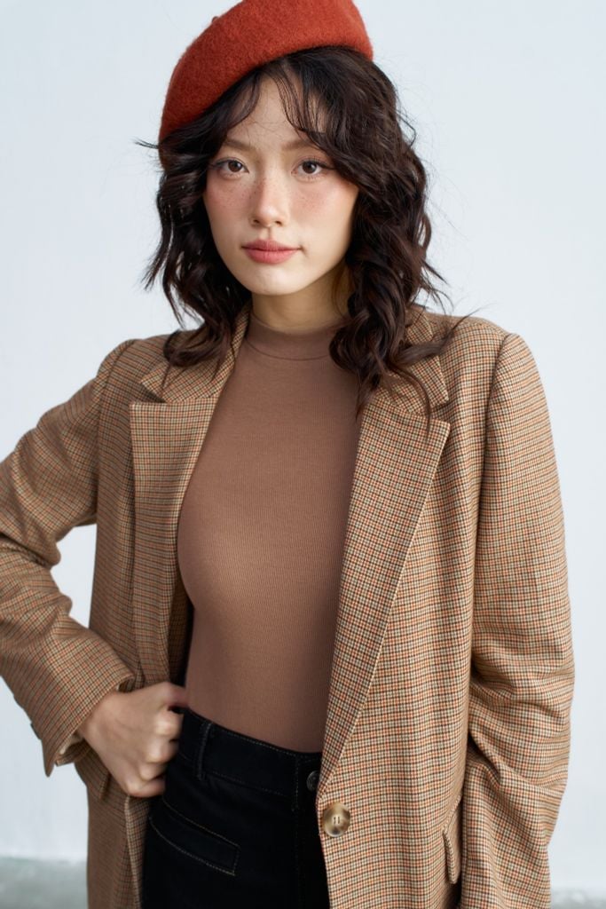 Blazer basic ziczac nhí cam nâu vá tay