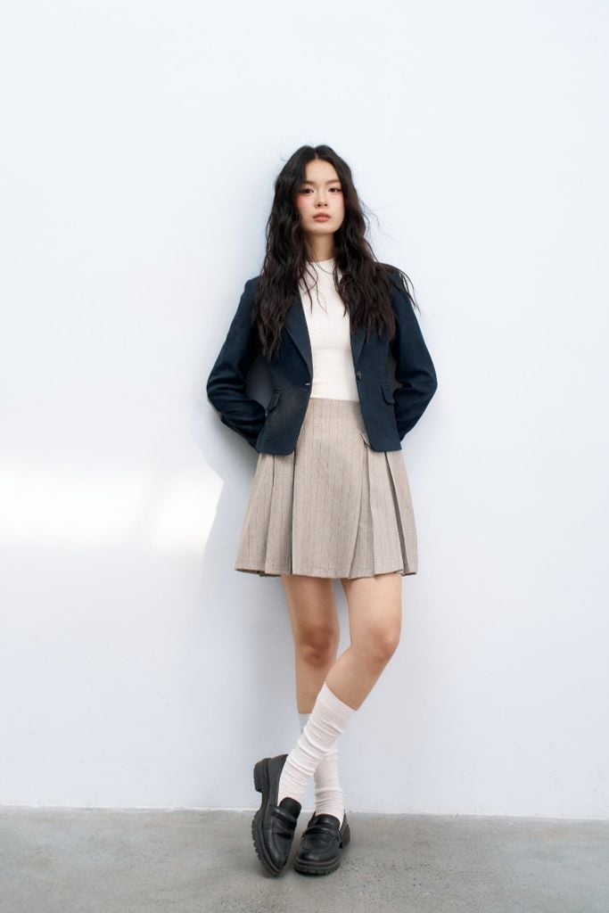 Blazer classic da lộn navy vá tay