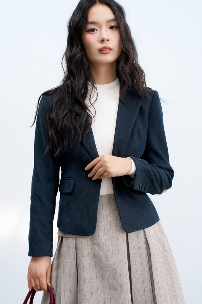 Blazer classic da lộn navy vá tay