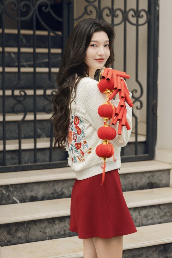 Bomber tweed trắng thêu hoa lưng