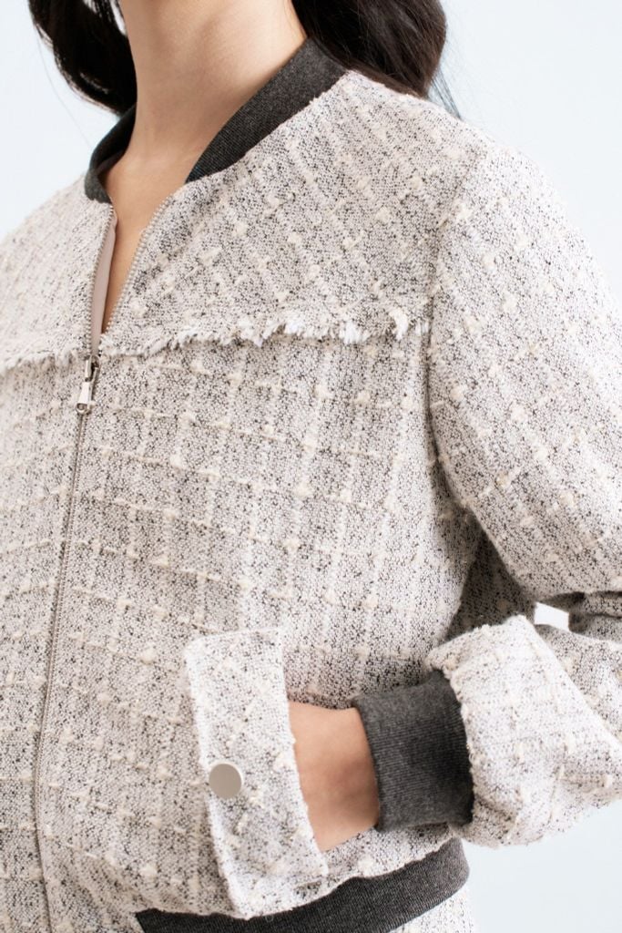 Bomber tweed karo ánh ghi kéo khoá