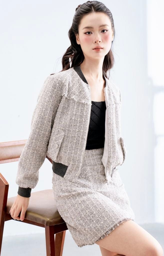 Chân váy A tweed karo ánh ghi