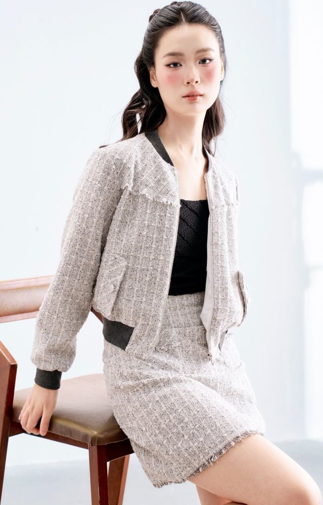 Bomber tweed karo ánh ghi kéo khoá